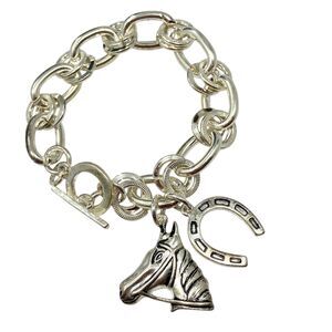 Vintage Silver Horse Horseshoe Charm Bracelet Link  Western Cowgirl 7.5" Plated